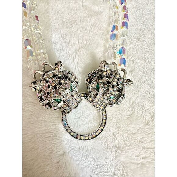 EYE CANDY LUXE Collection Aurora Borealis Dual Crystal Cube Panther Necklace NWT - Picture 1 of 8